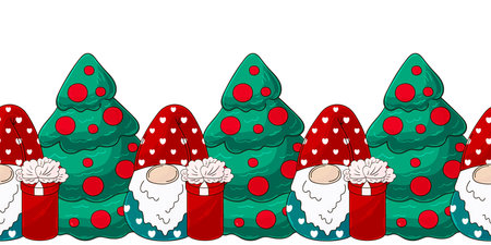 Scandinavian Christmas gnomes, gifts. New Year seamless border. Vector design for paper, cover, fabric and other useのイラスト素材