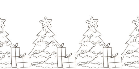 New Year seamless border. Cartoon Christmas trees. Coloring designのイラスト素材
