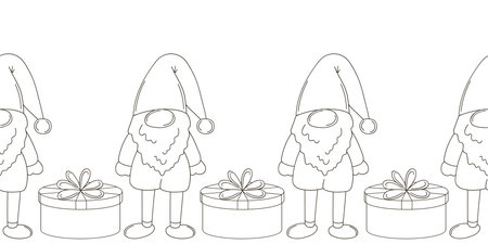Scandinavian Christmas gnomes, gifts. New Year seamless border. Coloring design for paper, cover, fabric, interior and other useのイラスト素材