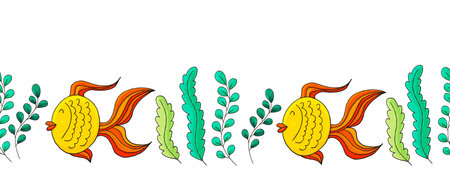 Marine seamless border. Children's fairy-tale drawing. Fishes. Vector design for paper, cover, interior decor and other useのイラスト素材