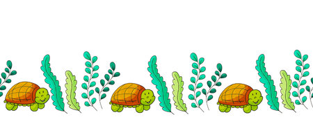 Marine seamless border. Children's fairy-tale drawing. Turtles. Vector design for paper, cover, interior decor and other useのイラスト素材