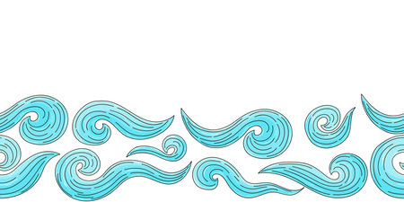 Marine seamless border. Children's fairy-tale drawing. Waves. Vector design for paper, cover, fabric and other useのイラスト素材