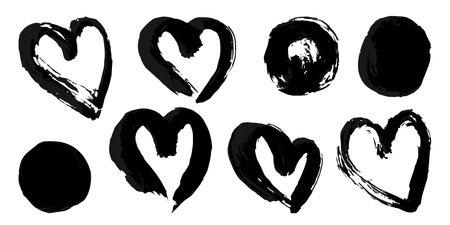 Grunge dirty hearts for your design. Collection of black vector acrylic paint strokes isolated on white background. Brush strokesのイラスト素材