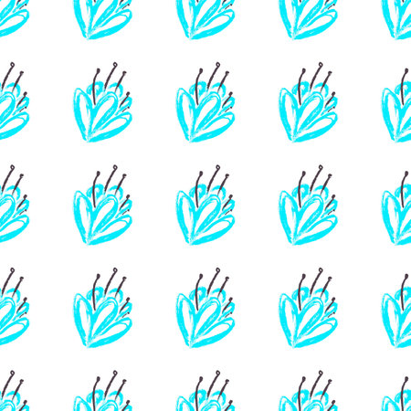 Seamless pattern. Blue flowers. Children's drawings with wax crayons. Print for cloth design, textile, fabric, wallpaper, wrapping paperのイラスト素材