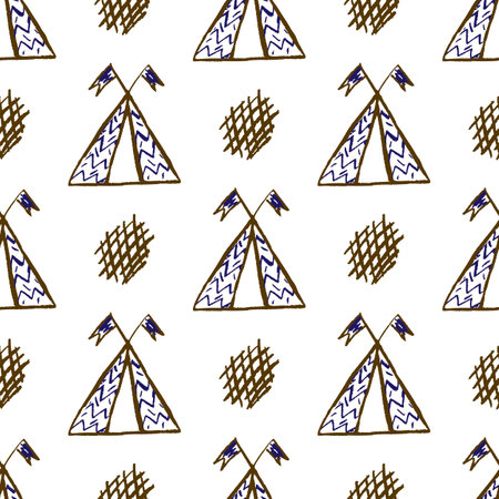 Seamless pattern. Children's drawings with wax crayons. Tent, wigwam. Print for cloth design,...