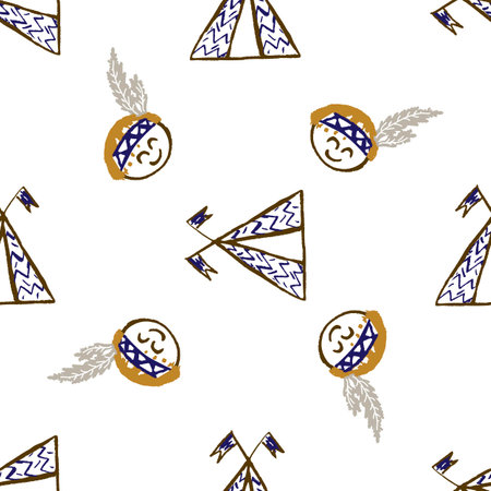 Seamless pattern. Children's drawings with wax crayons. Wigwam, Indian. Printのイラスト素材