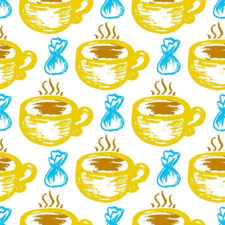 Seamless pattern. Cup, pastry and candy. Children's drawings with wax crayons. Kitchen or cafe design. Print for cloth design, textileのイラスト素材