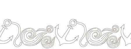 Marine seamless border. Monochrome fairy-tale drawing. Anchor among the waves. Vector design for paper, cover, fabric, interior decor and other useのイラスト素材