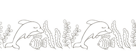 Marine seamless border. Monochrome fairy-tale drawing. Dolphins. Vector design for paper, cover, decor and other useのイラスト素材