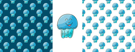 Jellyfish. Set marine seamless patterns. Pattern in hand draw style, created for fabrics, textiles, wrapping paper, packaging, children's room decoration, etcのイラスト素材
