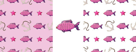 Seashells. Set marine seamless pattern. Pattern in hand draw style, created for fabricsのイラスト素材