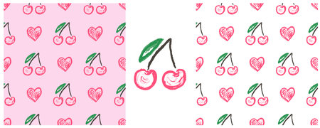 Set Fruit and berry seamless pattern. Cherries. Children's drawings with wax crayons. Print for cloth design, textile, fabricのイラスト素材