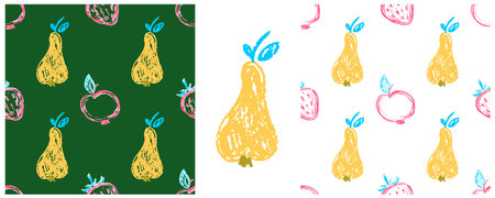 Set Fruit and berry seamless patterns. Children's drawings with wax crayons. Print for cloth design