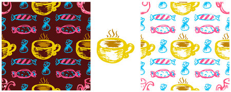 Seamless pattern. Cup, pastry and candy. Set drawings with wax crayons. Kitchen or cafe design. Cloth designのイラスト素材