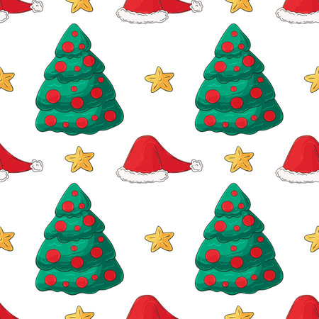 Christmas holidays. Christmas trees, hats, gifts. Seamless pattern in hand draw style. Can be used for fabric, packaging, wrapping paper and etcのイラスト素材