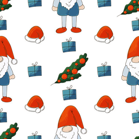 Christmas holidays. New Year's hats, gnomes, gifts. Seamless pattern in hand draw style. Can be used for fabric, packaging and etcのイラスト素材