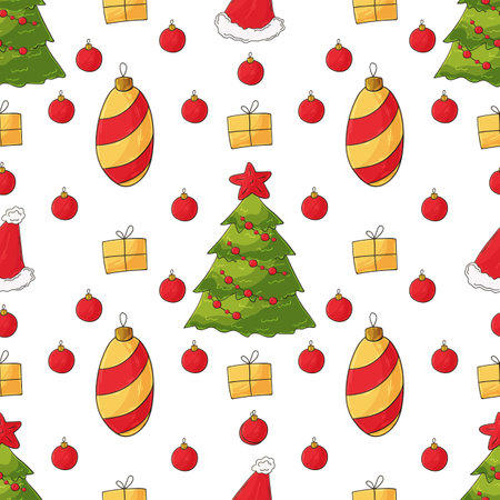 New Year holidays. Christmas tree, gifts, candies. Seamless pattern in hand draw style. Can be used...