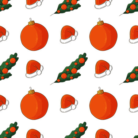 New Year holidays. Seamless pattern in hand draw style. Christmas tree toys. Can be used for fabric and etcのイラスト素材