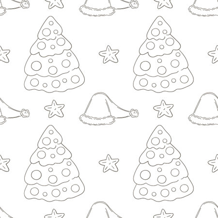 Christmas holidays. Christmas trees, hats, gifts. Coloring pattern in hand draw style. Can be used for fabric, packaging, wrapping paper and etcのイラスト素材