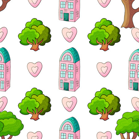 Cityscape seamless pattern with buildings. Building, residential. Seamless pattern with decorative colorful houses. Print for cloth designのイラスト素材