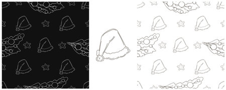 Christmas holidays. Christmas trees, hats, gifts. Set Monochrome patterns in hand draw style. Can be used for fabricのイラスト素材