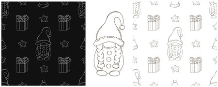 Christmas holidays. New Year's hats, gnomes, gifts. Set Monochrome patterns in hand draw style. Can be used for fabric, packaging, wrapping paper and etcのイラスト素材