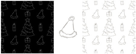 Christmas holidays. Set Monochrome patterns in hand draw style. Christmas trees, hats, gifts. Can be used for fabric and etcのイラスト素材