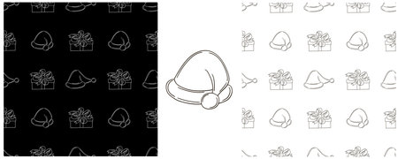 Christmas. New Year's hats, gifts. Set Monochrome patterns in hand draw style. Can be used for fabric and etcのイラスト素材