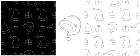 Christmas. Set Monochrome patterns in hand draw style. New Year hats, gifts. Can be used for fabric and etcのイラスト素材