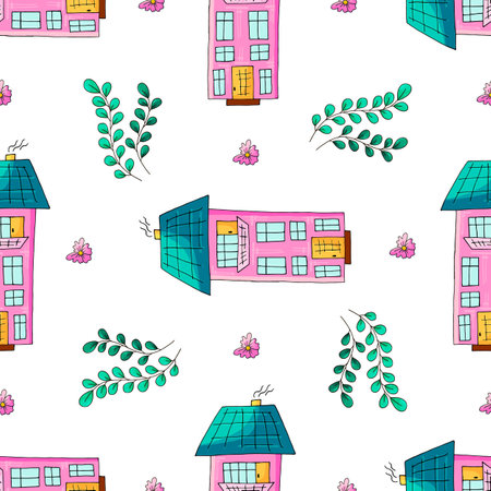 Seamless pattern with decorative colorful houses. Building, residential. Pattern in hand draw style, created for fabrics, textiles, wrapping paper, packaging, decoration, etcのイラスト素材