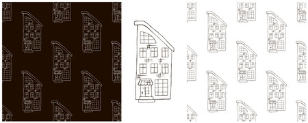 Set Seamless patterns with decorative Monochrome houses. Building, residential. Pattern in hand draw style. Print for cloth design, textile, fabric, wallpaper, wrappingのイラスト素材