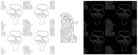 Set Seamless patterns with decorative Monochrome houses. Building. Pattern in hand draw style, created for fabrics, textiles, wrapping, etcのイラスト素材