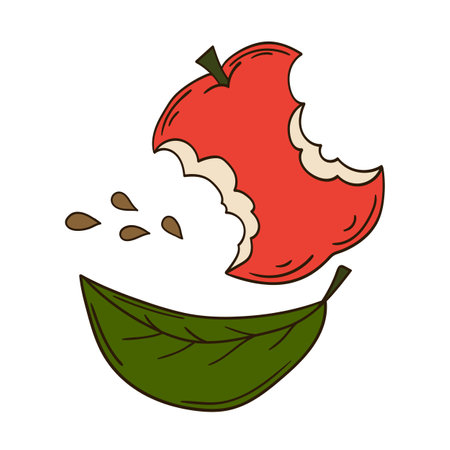 Cute fruit illustration in hand draw style. Red apple icon on white background. Design for postcards, flyers, bannersのイラスト素材