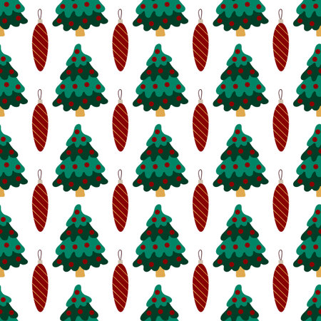 Christmas seamless pattern in hand-drawn style. Christmas tree decorations, fir tree. Print for...