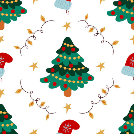 Christmas seamless pattern in hand-drawn style. Christmas trees, Christmas decorations. Print for...
