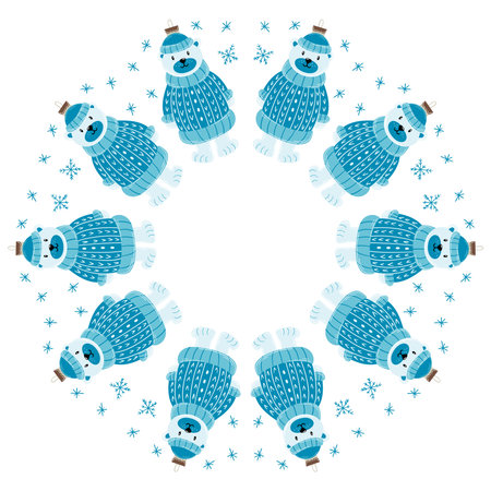 Christmas tree decorations. Round frame made of polar bear Christmas tree ornaments. Template for your creativity. Design for postcards, flyers, and bannersのイラスト素材