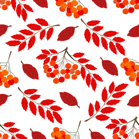 A cute autumn seamless pattern with berries. Red rowan berries and autumn leaves. This pattern is perfect for kitchen design, menus, wallpaper, textiles, clothing, backgrounds, and cardsのイラスト素材