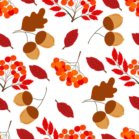 A sweet autumn seamless pattern with red rowan berries. This pattern is perfect for kitchen design, menus, wallpaper, textiles, clothing, backgrounds, and cardsのイラスト素材