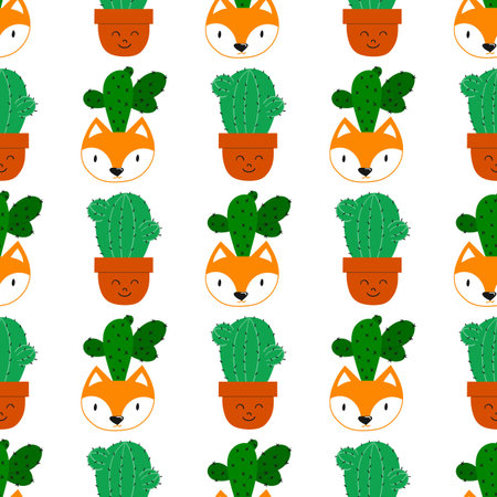 Flat cacti houseplant background. Seamless pattern. Cactus fabric pattern, cute pots with animal...