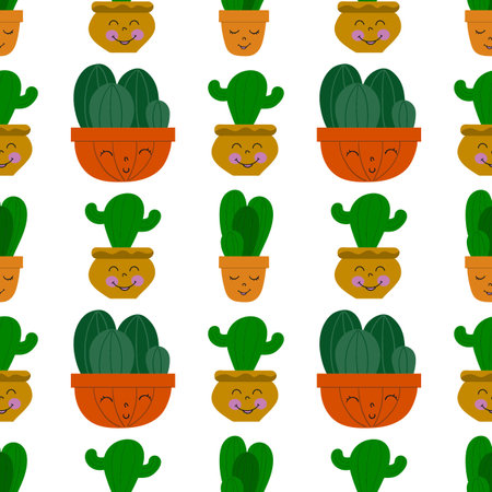 Flat cacti houseplant background. Seamless pattern. Cactus fabric pattern, cute pots with faces,...