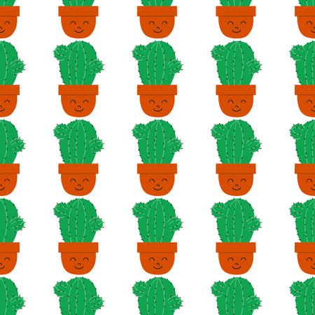 Flat seamless pattern. Hand drawn cactus plant. Cactus fabric pattern, cute pots with faces,...