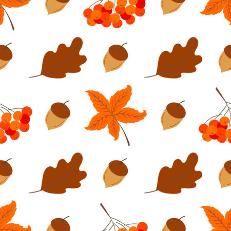 A cute autumn seamless pattern with berries and autumn leavesのイラスト素材