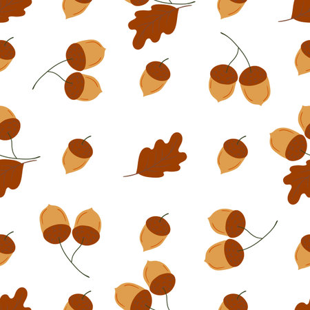 A cute autumn seamless pattern with berries. Acorns, oak, and leavesのイラスト素材