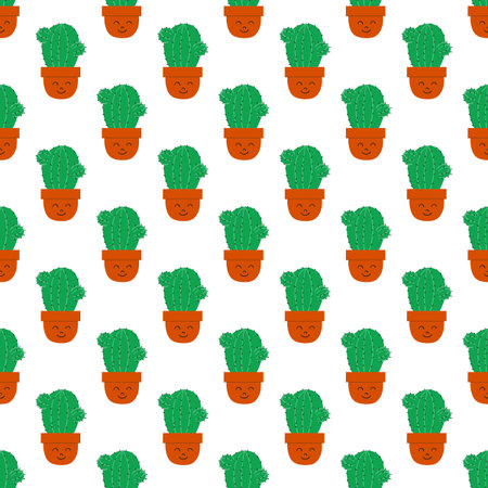Hand drawn cactus plant. Flat seamless pattern. Cactus fabric pattern, cute pots with faces,...
