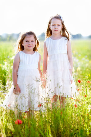 Two adorable girls in white dresses standing on the meadowの写真素材