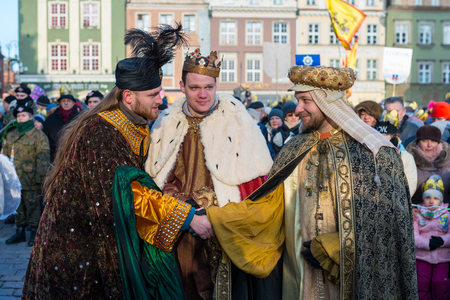 Poznan, POLAND - JANUARY 6, 2017: Epiphany holiday in Christian religion - traditional procession, reconstruction of visit of the Magi to the infant Jesus - also called procession of three kingsのeditorial素材