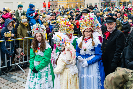 Poznan, POLAND - JANUARY 6, 2019: Epiphany holiday in Christian religion - traditional procession, reconstruction of visit of the Magi to the infant Jesus - also called procession of three kingsのeditorial素材