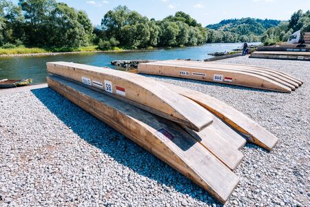 Sromowce Nizne, Poland - August 26, 2015; Traditional rafting on the Dunajec River on wooden boats. The rafting is very popular tourist attraction in Pieniny National Parkのeditorial素材
