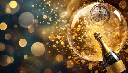 Champagne bottle and clock on golden bokeh background. New Year celebrationの素材