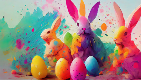 Colorful easter eggs and cute rabbits on abstract background. Happy Easterの素材